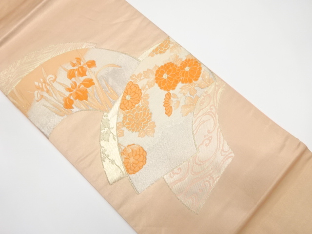 JAPANESE KIMONO / ANTIQUE FUKURO OBI / SILK / WOVEN KIKU & IRIS